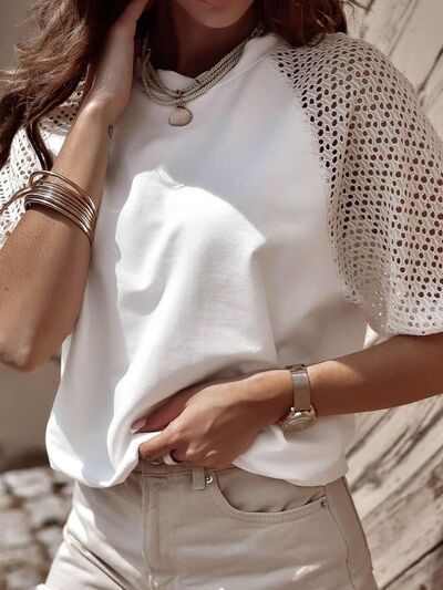 Eyelet Round Neck Half Sleeve T-Shirt - Loulou Boutique