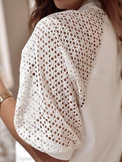 Eyelet Round Neck Half Sleeve T-Shirt - Loulou Boutique