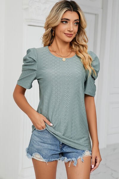Eyelet Round Neck Puff Sleeve T-Shirt - Loulou Boutique
