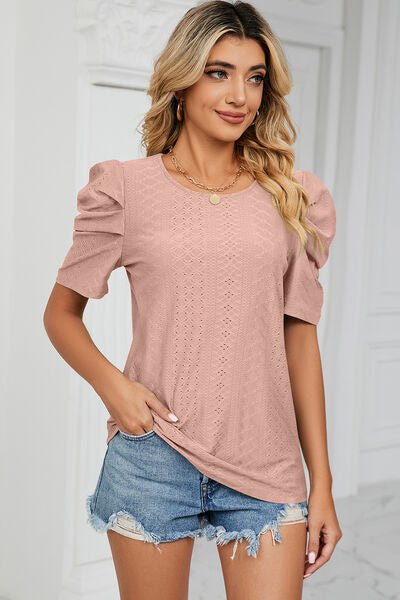 Eyelet Round Neck Puff Sleeve T-Shirt - Loulou Boutique