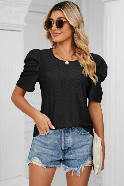 Eyelet Round Neck Puff Sleeve T-Shirt - Loulou Boutique