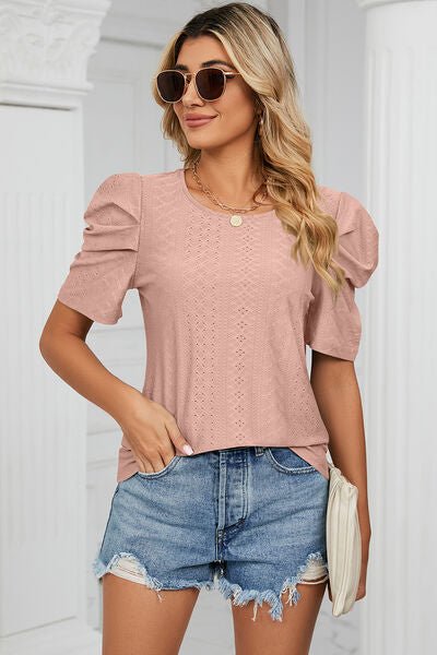 Eyelet Round Neck Puff Sleeve T-Shirt - Loulou Boutique