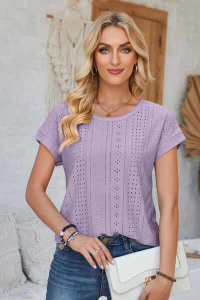 Eyelet Round Neck Rolled Short Sleeve T-Shirt - Loulou Boutique