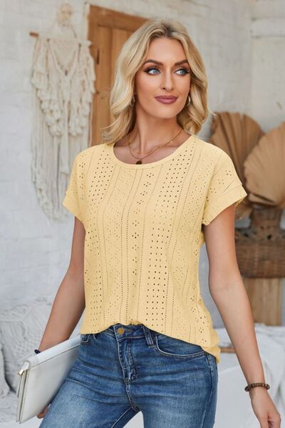 Eyelet Round Neck Rolled Short Sleeve T-Shirt - Loulou Boutique