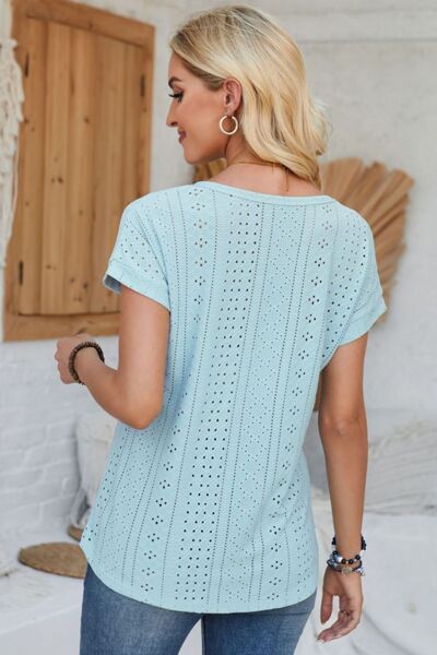 Eyelet Round Neck Rolled Short Sleeve T-Shirt - Loulou Boutique