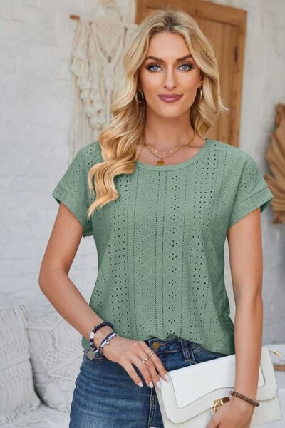 Eyelet Round Neck Rolled Short Sleeve T-Shirt - Loulou Boutique