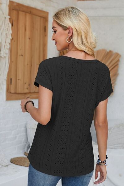 Eyelet Round Neck Rolled Short Sleeve T-Shirt - Loulou Boutique