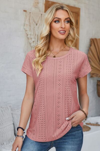 Eyelet Round Neck Rolled Short Sleeve T-Shirt - Loulou Boutique