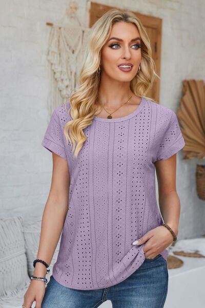 Eyelet Round Neck Rolled Short Sleeve T-Shirt - Loulou Boutique