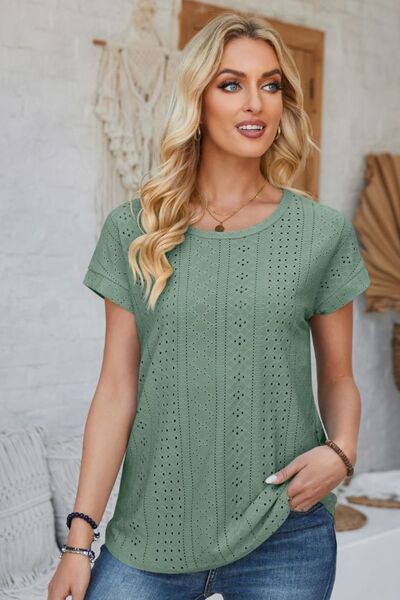 Eyelet Round Neck Rolled Short Sleeve T-Shirt - Loulou Boutique