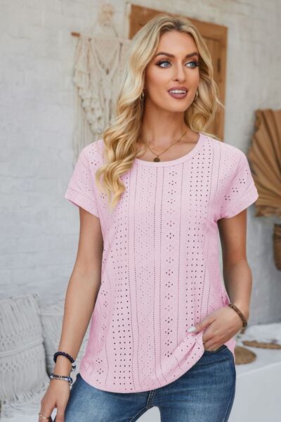 Eyelet Round Neck Rolled Short Sleeve T-Shirt - Loulou Boutique