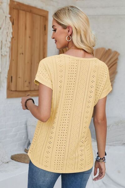Eyelet Round Neck Rolled Short Sleeve T-Shirt - Loulou Boutique
