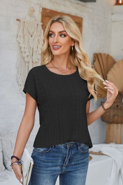 Eyelet Round Neck Rolled Short Sleeve T-Shirt - Loulou Boutique