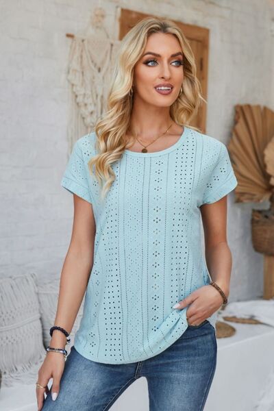 Eyelet Round Neck Rolled Short Sleeve T-Shirt - Loulou Boutique