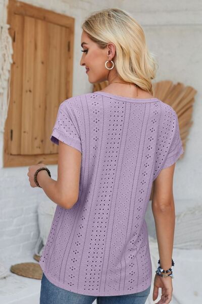 Eyelet Round Neck Rolled Short Sleeve T-Shirt - Loulou Boutique