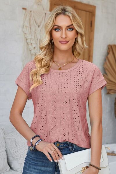 Eyelet Round Neck Rolled Short Sleeve T-Shirt - Loulou Boutique
