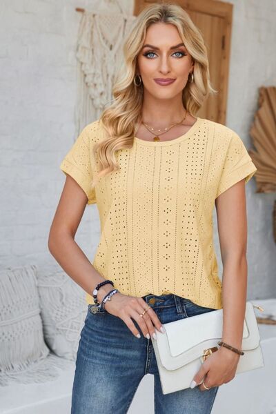 Eyelet Round Neck Rolled Short Sleeve T-Shirt - Loulou Boutique