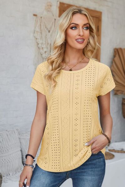 Eyelet Round Neck Rolled Short Sleeve T-Shirt - Loulou Boutique