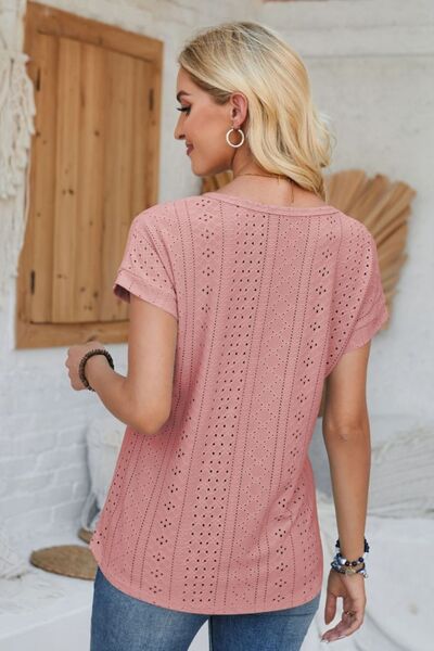Eyelet Round Neck Rolled Short Sleeve T-Shirt - Loulou Boutique