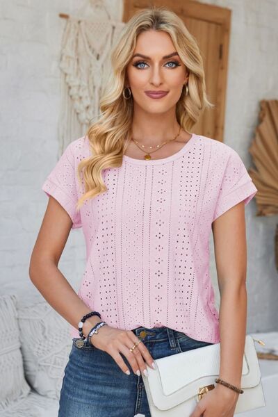 Eyelet Round Neck Rolled Short Sleeve T-Shirt - Loulou Boutique