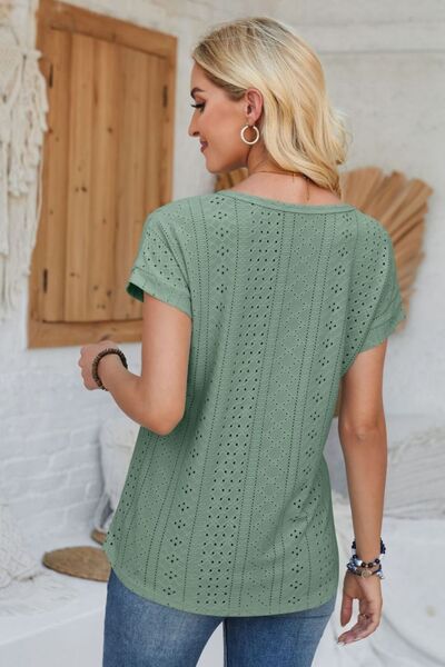 Eyelet Round Neck Rolled Short Sleeve T-Shirt - Loulou Boutique