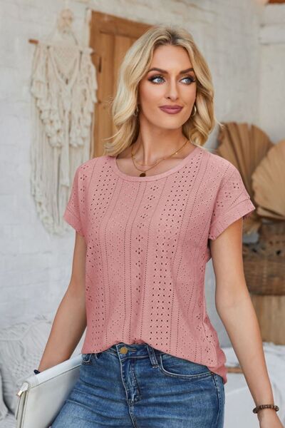 Eyelet Round Neck Rolled Short Sleeve T-Shirt - Loulou Boutique