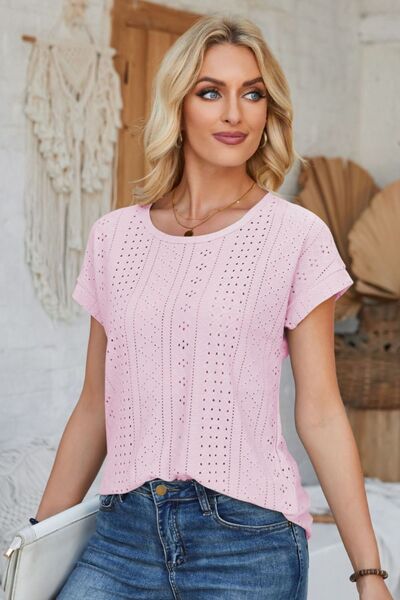 Eyelet Round Neck Rolled Short Sleeve T-Shirt - Loulou Boutique