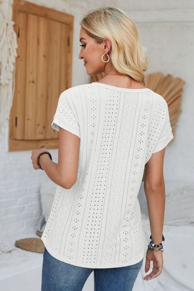 Eyelet Round Neck Rolled Short Sleeve T-Shirt - Loulou Boutique