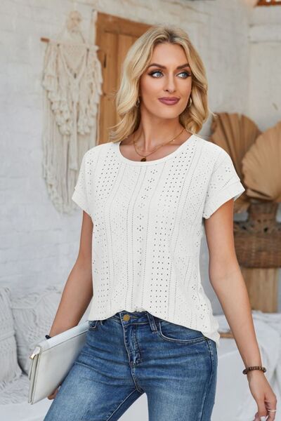 Eyelet Round Neck Rolled Short Sleeve T-Shirt - Loulou Boutique