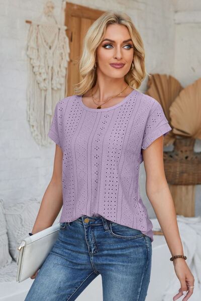 Eyelet Round Neck Rolled Short Sleeve T-Shirt - Loulou Boutique