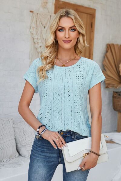 Eyelet Round Neck Rolled Short Sleeve T-Shirt - Loulou Boutique
