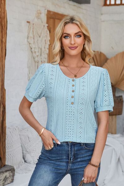 Eyelet Round Neck Short Sleeve Blouse - Loulou Boutique