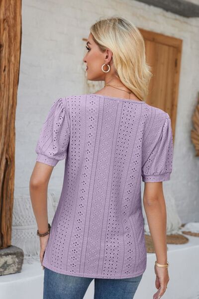 Eyelet Round Neck Short Sleeve Blouse - Loulou Boutique