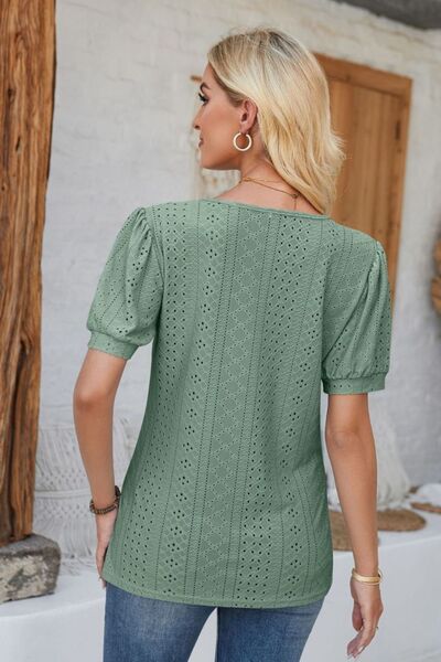 Eyelet Round Neck Short Sleeve Blouse - Loulou Boutique