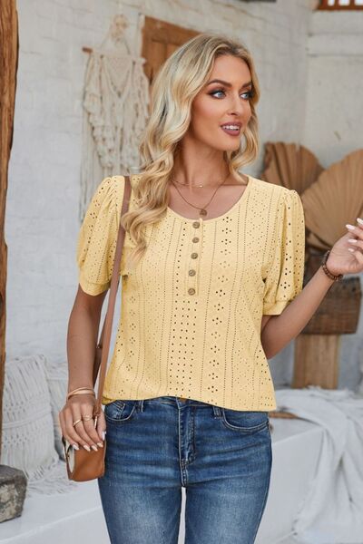 Eyelet Round Neck Short Sleeve Blouse - Loulou Boutique
