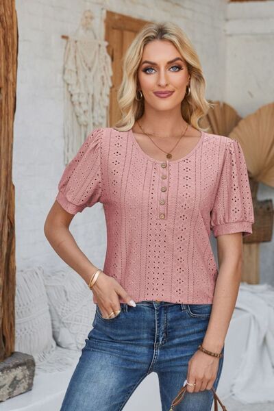 Eyelet Round Neck Short Sleeve Blouse - Loulou Boutique