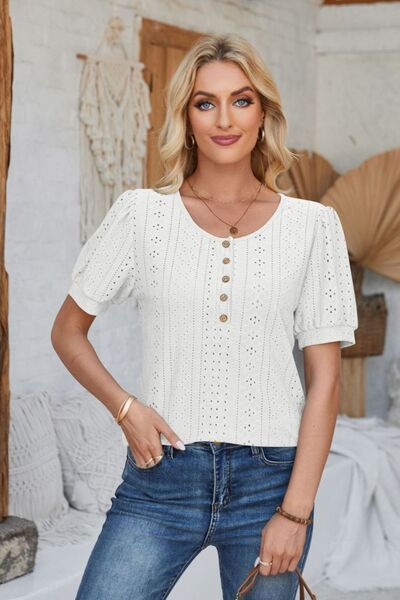 Eyelet Round Neck Short Sleeve Blouse - Loulou Boutique