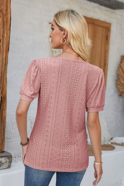 Eyelet Round Neck Short Sleeve Blouse - Loulou Boutique
