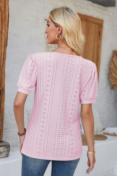Eyelet Round Neck Short Sleeve Blouse - Loulou Boutique