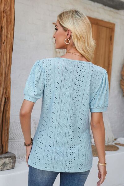 Eyelet Round Neck Short Sleeve Blouse - Loulou Boutique