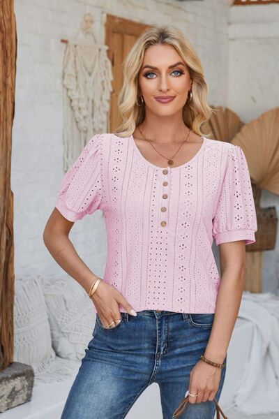 Eyelet Round Neck Short Sleeve Blouse - Loulou Boutique
