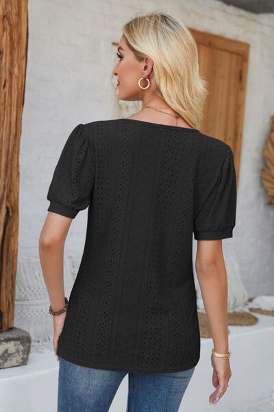 Eyelet Round Neck Short Sleeve Blouse - Loulou Boutique