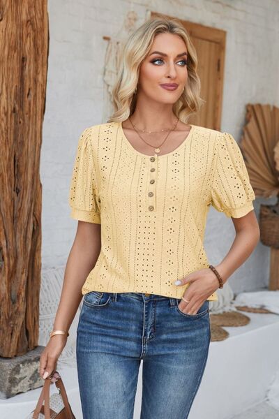 Eyelet Round Neck Short Sleeve Blouse - Loulou Boutique