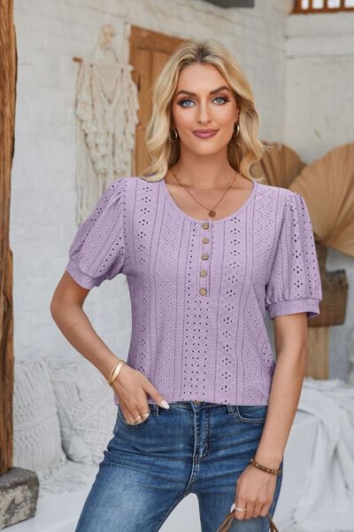 Eyelet Round Neck Short Sleeve Blouse - Loulou Boutique