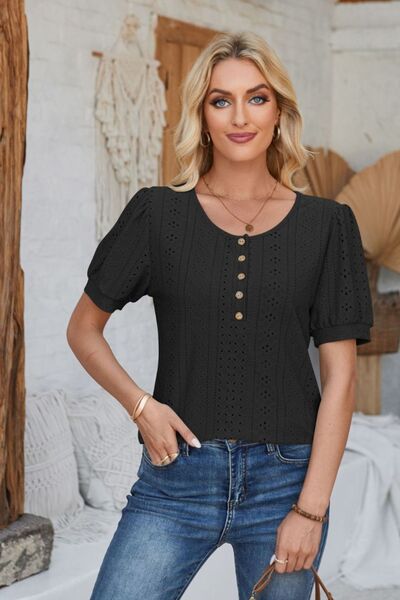 Eyelet Round Neck Short Sleeve Blouse - Loulou Boutique