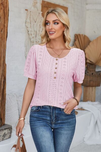 Eyelet Round Neck Short Sleeve Blouse - Loulou Boutique