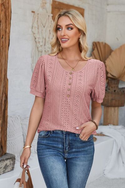Eyelet Round Neck Short Sleeve Blouse - Loulou Boutique