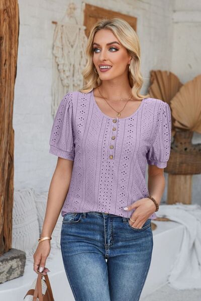 Eyelet Round Neck Short Sleeve Blouse - Loulou Boutique