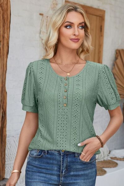 Eyelet Round Neck Short Sleeve Blouse - Loulou Boutique
