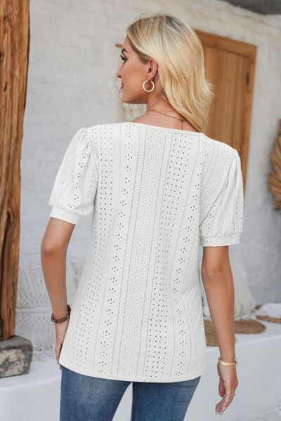 Eyelet Round Neck Short Sleeve Blouse - Loulou Boutique